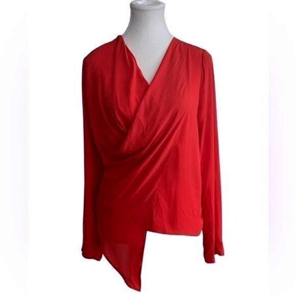 Farrow Womens Red Long Sleeve Asymmetrical Drape Surplice Blouse‎ Size S